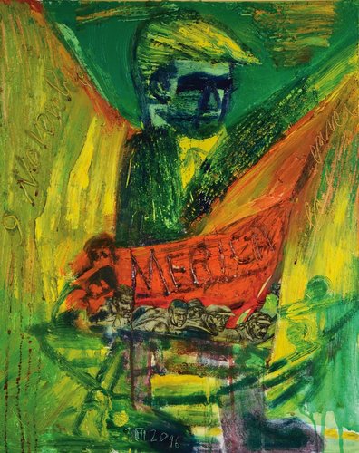 Renzo ferrari barca merica 2017 olio e collage su tavola 50 x 40 cm