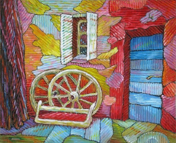 Interno di cascina smalti su cartone ondulato cm 55x70 2015 r